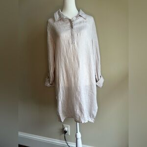 JNY Women's Medium Linen Long-Sleeve Collared Quarter-Button-Down Long Shirt